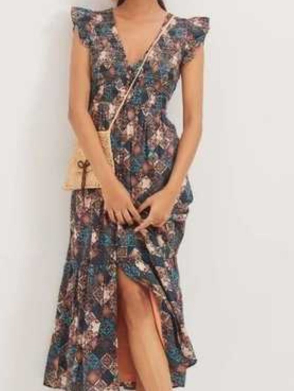 #90 Anthropologie Brown & Teal Ruffled V‑Neck Maxi Dress